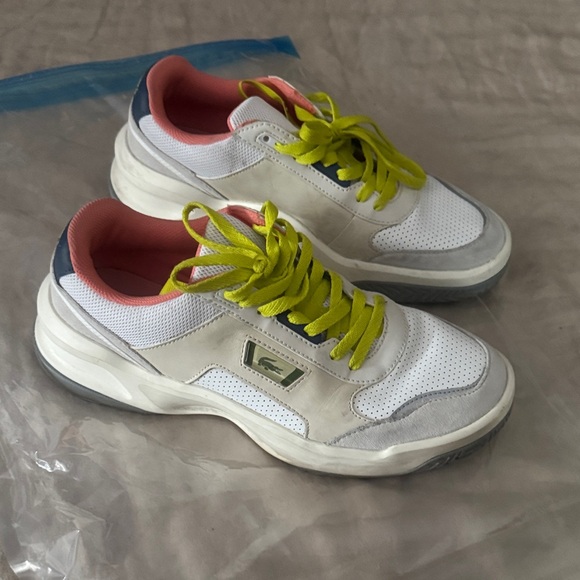 Lacoste White and Gray Sneakers with Yellow Laces - Picture 1 of 3
